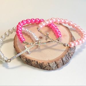 Rhinestone Cross Glass Pearl Beaded Stretch Bracelet